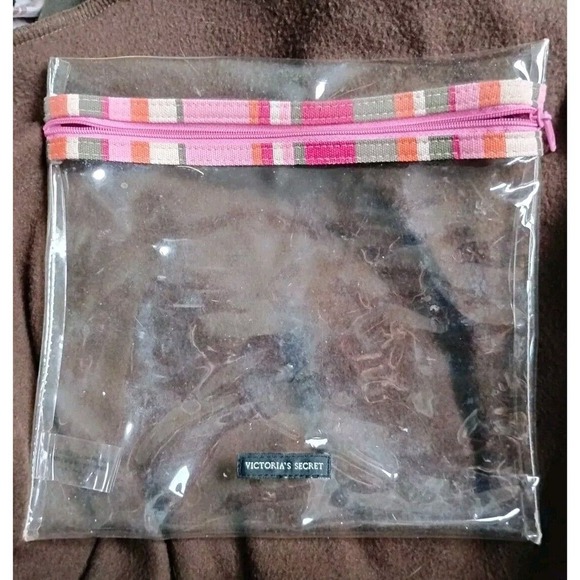 Victoria's Secret Makeup Pouches Cosmetics 3 Set  Stripe Cotton PVC Mirror HTF - Picture 2 of 4